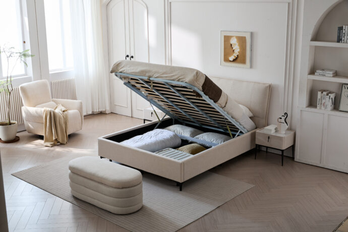 מיטה דגם מדריד – שמנת + ארגז מצעים ומזרן מתנה