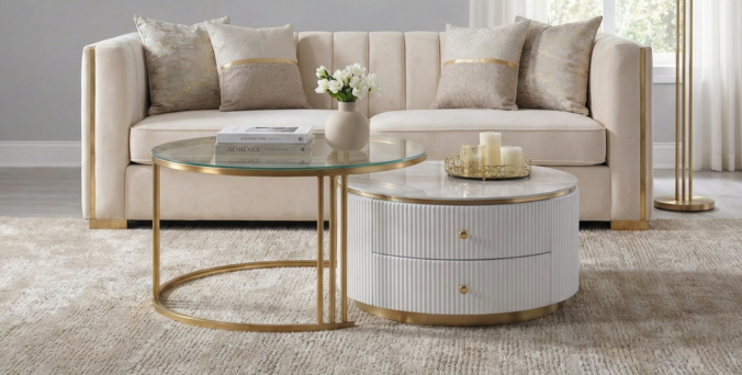 שולחן סלון דגם מיקונוס לבן משולב זהב