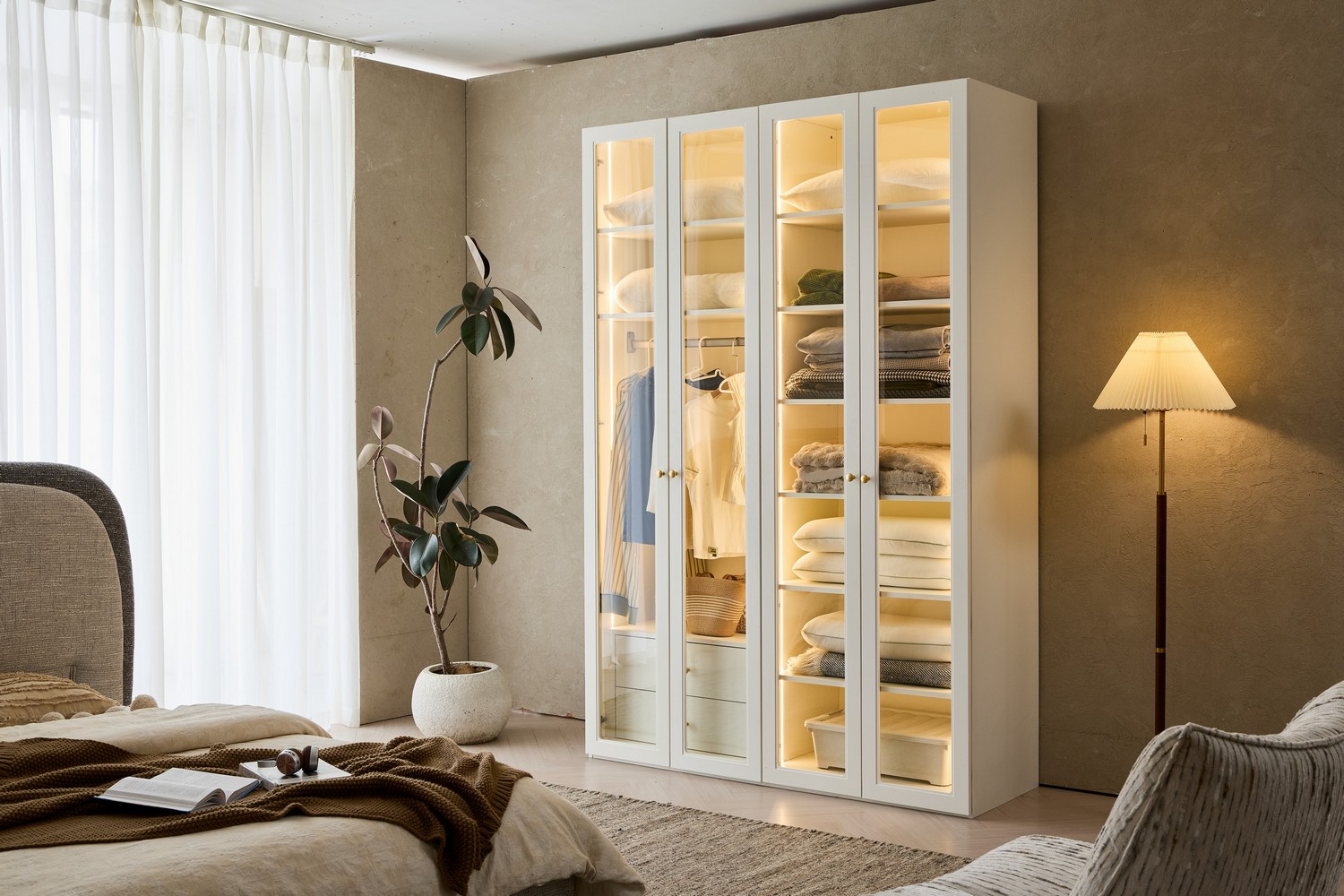 ארון דגם אנטוני 4 דלתות בגוון שמנת + תאורה