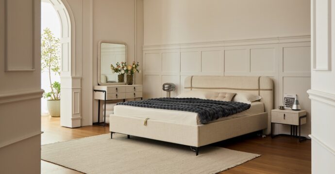 מיטה דגם פראג - שמנת FABRIC + ארגז מצעים ומזרן מתנה