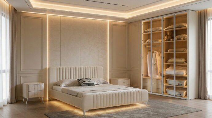חדר שינה יוקרתי – מיטה גאיה + ארון יהלום