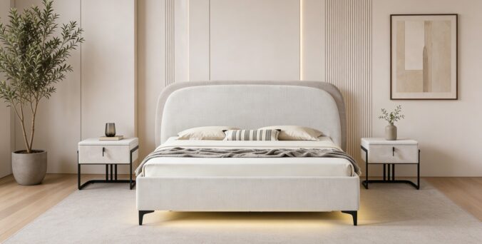 מיטה דגם ונציה - שמנת FABRIC + ארגז מצעים ומזרן מתנה