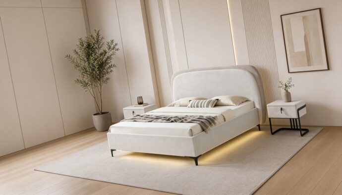 מיטה דגם ונציה - שמנת FABRIC + ארגז מצעים ומזרן מתנה