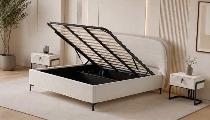 מיטה דגם ונציה - שמנת FABRIC + ארגז מצעים ומזרן מתנה