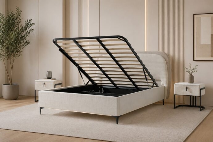 מיטה דגם ונציה - שמנת FABRIC + ארגז מצעים ומזרן מתנה