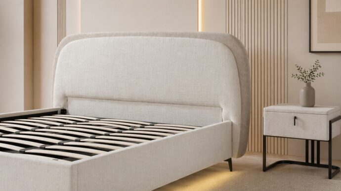 מיטה דגם ונציה - שמנת FABRIC + ארגז מצעים ומזרן מתנה